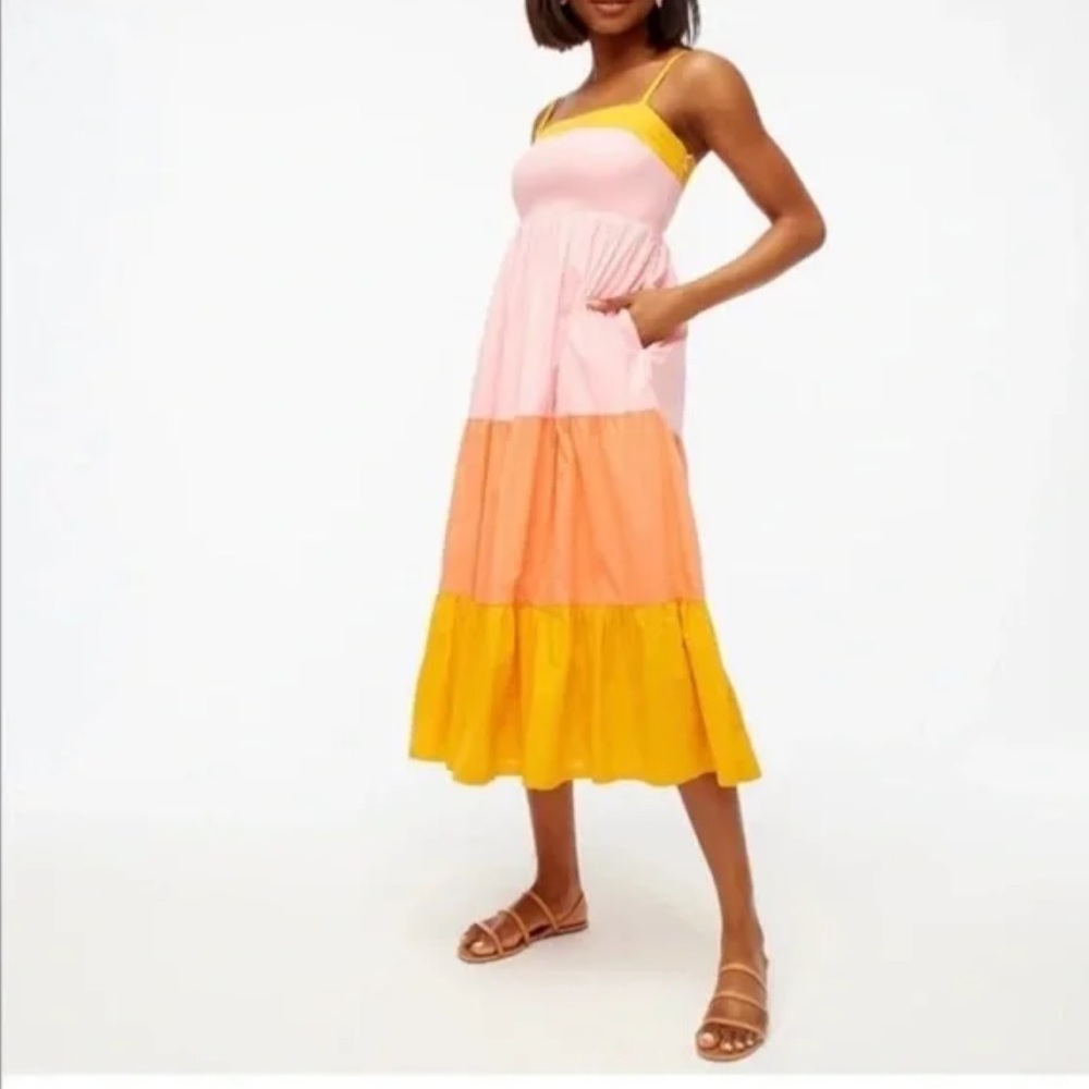 J. Crew Pink, Peach & Yellow Colorblock Midi Dress